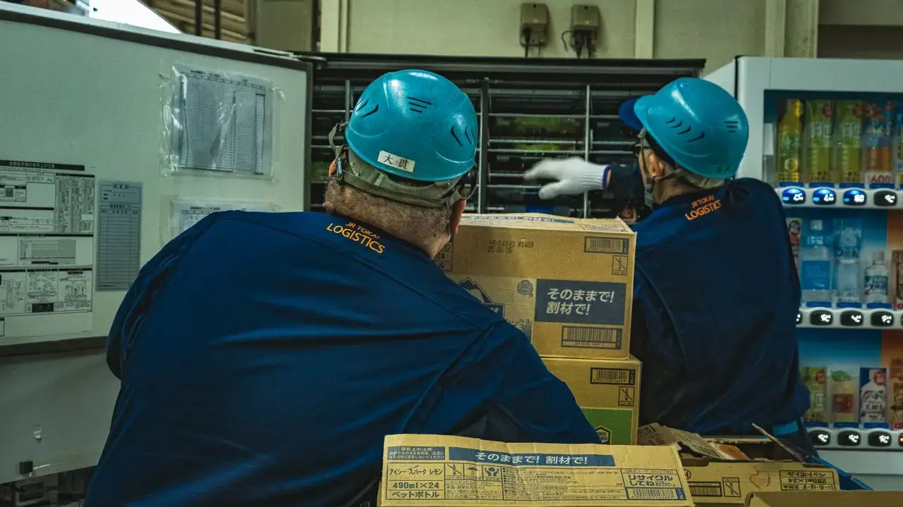Trabajadores manipulando cajas y mercancía en un almacén.